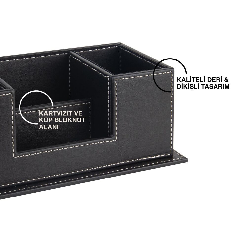2kMasaüstü Deri Organizer Kalemlik 4 Gözlü Desktop Organizer Rainbow Vegan 10x12x25 Cm Siyah