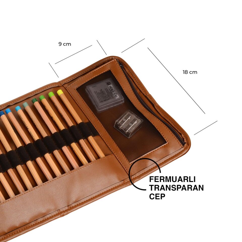 2k Rulo Kalemlik Sanatsal Kalemlik Dereceli Kalem Teknik Çizim Çantası Vegan 24'Lü Çıtçıtlı Açık 21x58 Cm Taba