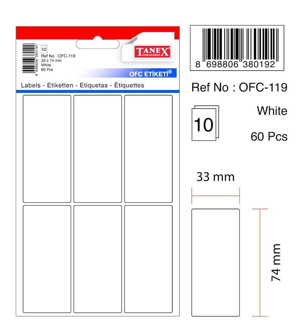 Tanex Ofc-119 Beyaz Ofis Etiketi 33x74 Mm