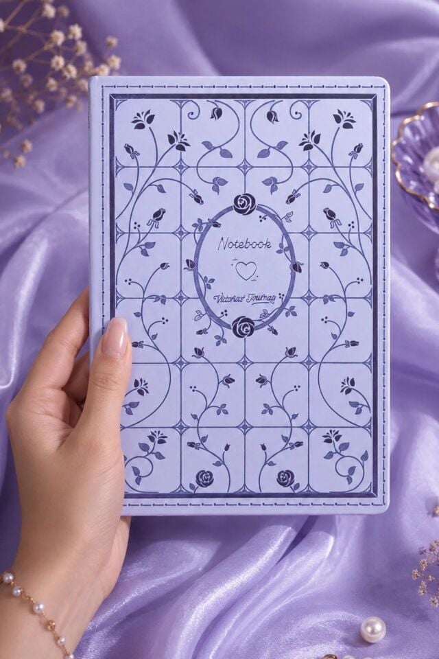 Victorias Journals Fleur Vegan Deri Sert Kapak Defter A5 120 Gr 80 Yaprak Noktalı Kutulu Mor