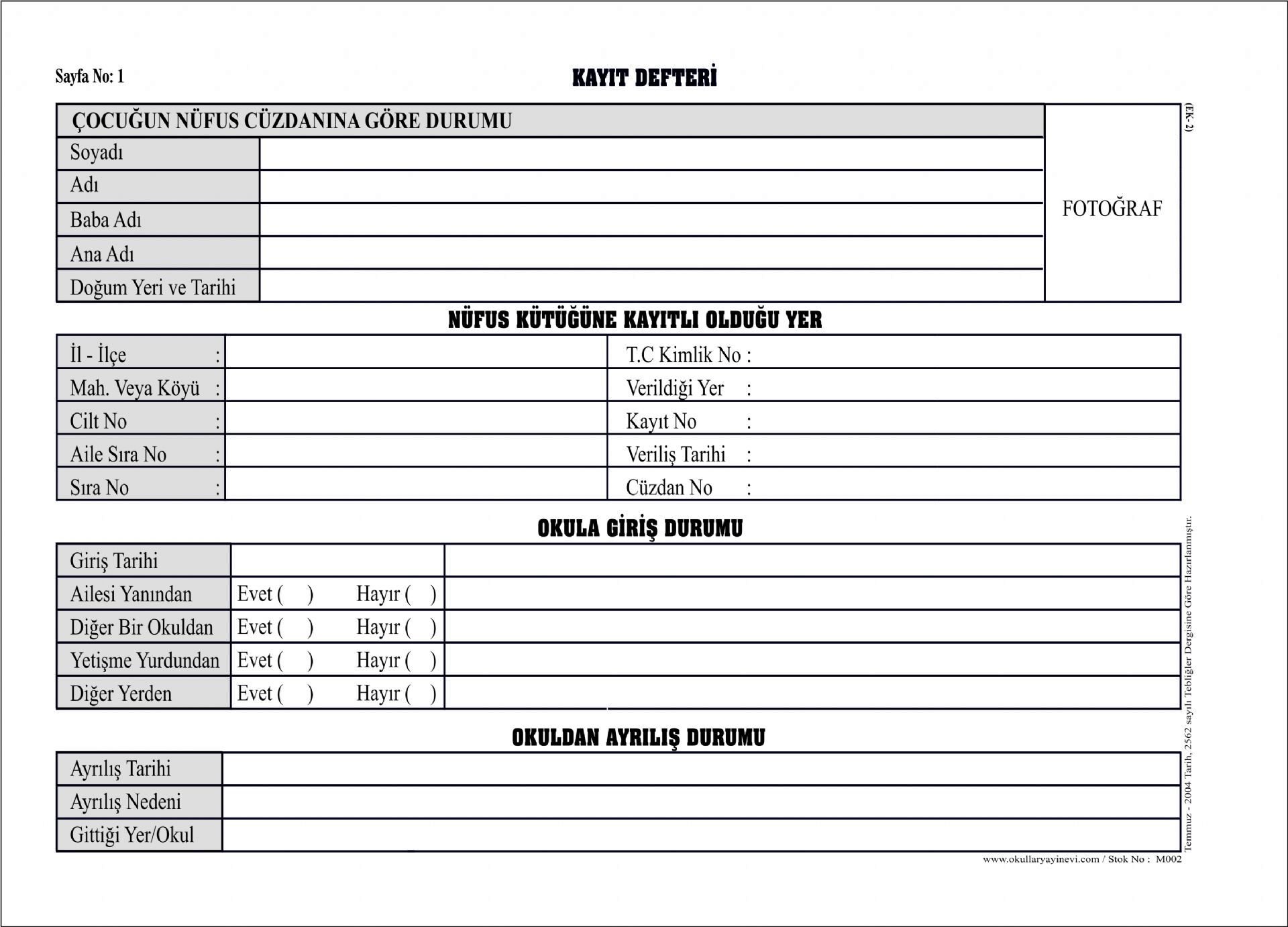 Okullar Anaokulu Künye Defteri Ciltli 200 Sayfa