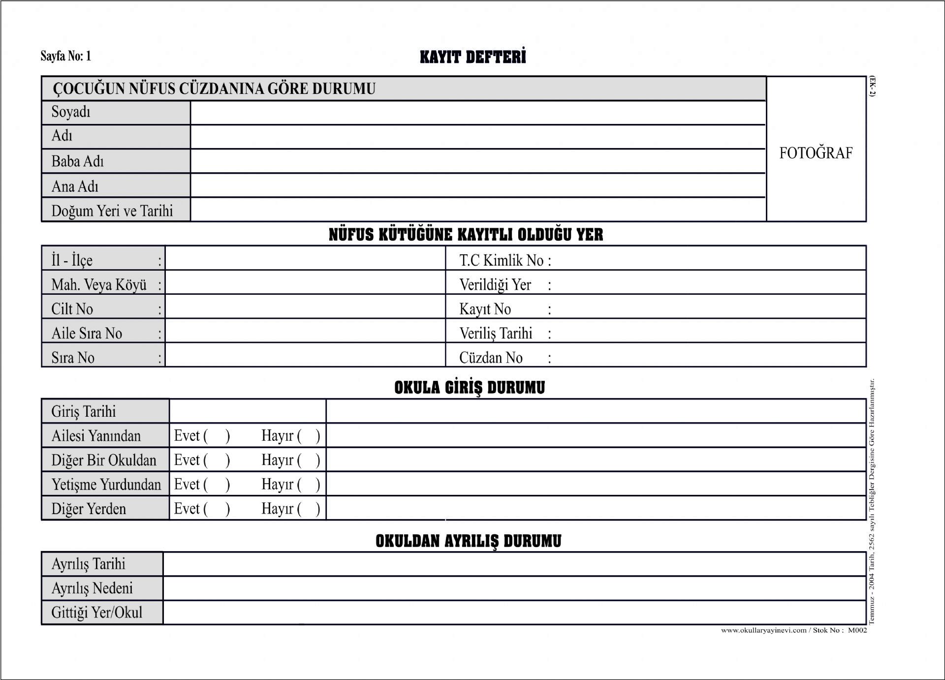 Okullar Anaokulu Künye Defteri Ciltli 200 Sayfa