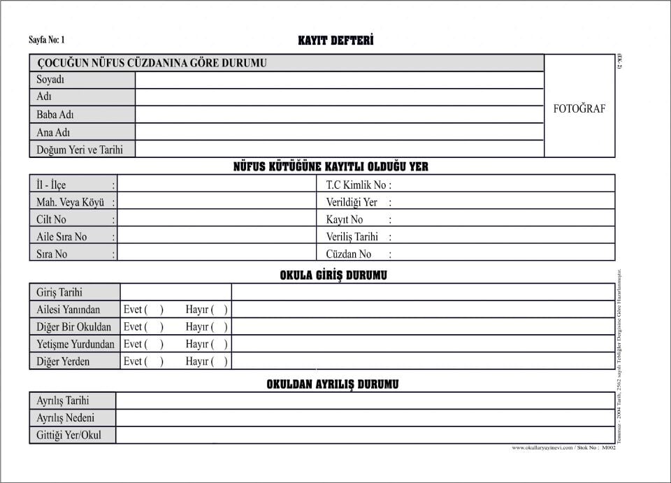 Okullar Anaokulu Künye Defteri Ciltli 200 Sayfa