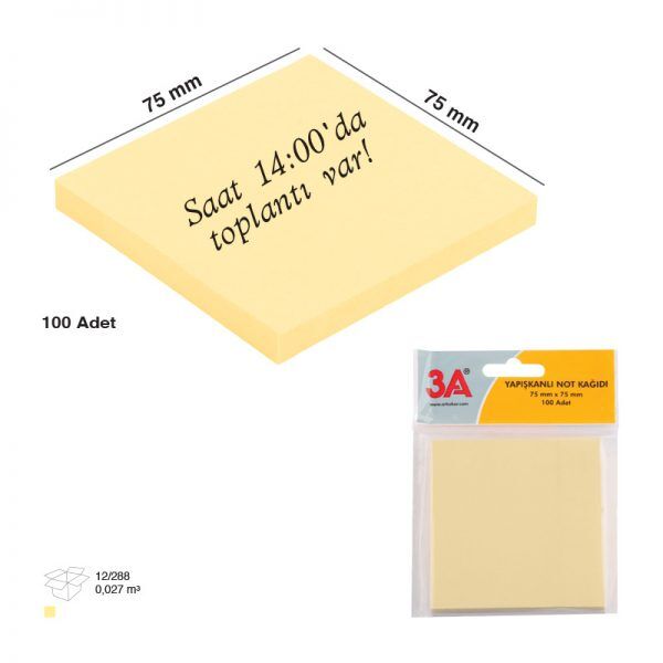 3A Yapışkanlı Not Kağıdı Pastel Renk 75x75 Mm