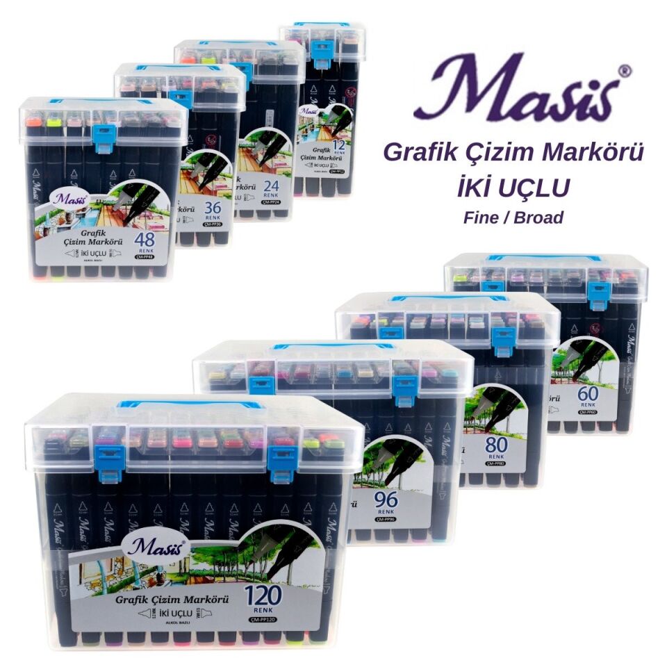 Masis Grafik  Çizim Markörü İki Uçlu 12 Li Şeffaf Kutu