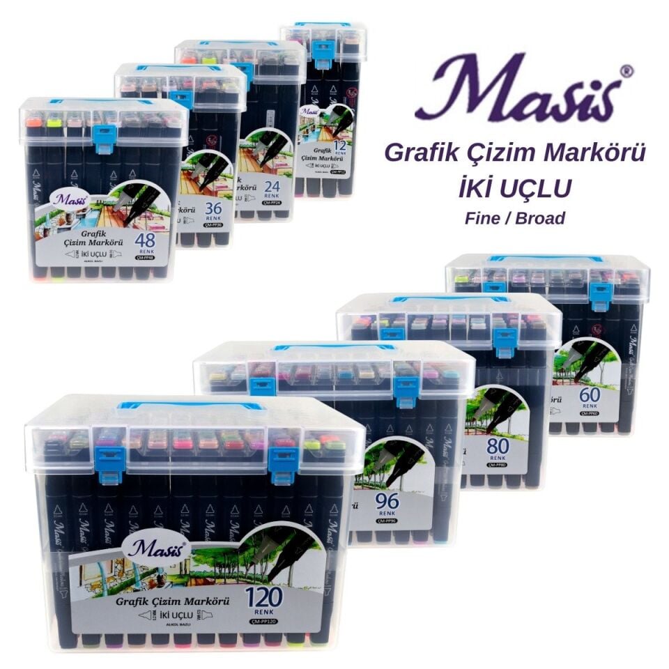 Masis Grafik  Çizim Markörü İki Uçlu 36 Lı Şeffaf Kutu