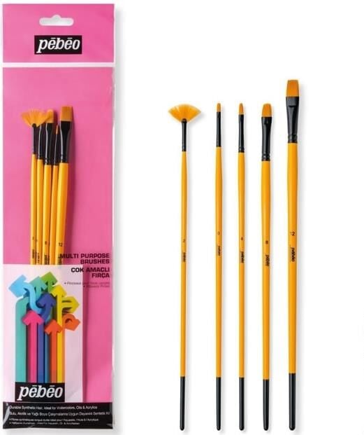 Pebeo 5'Li Fırça Seti - Beyaz Brıstel Kıl - Fırça Uzun Sap No: 2 6 8 12 + Yelpaze Fırça No.2