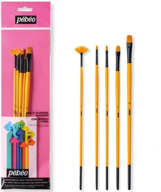 Pebeo 5'Li Fırça Seti - Beyaz Brıstel Kıl - Fırça Uzun Sap No: 2 6 8 12 + Yelpaze Fırça No.2