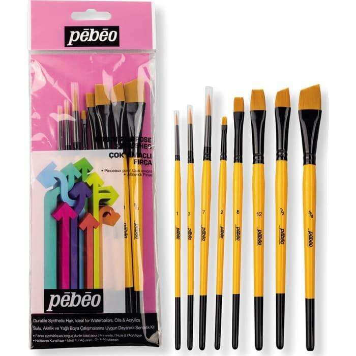 Pebeo 8'Li Fırça Seti - Angular No: 1/2 5/8 - Kesik Uç No: 2 8 12 - Suluboya No: 1 3 7