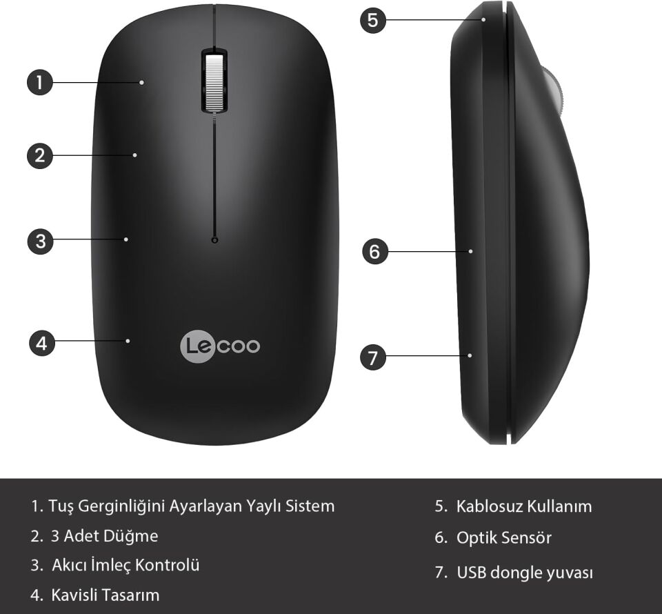 Lecoo Ws214 Siyah Sessiz Kablosuz Mouse