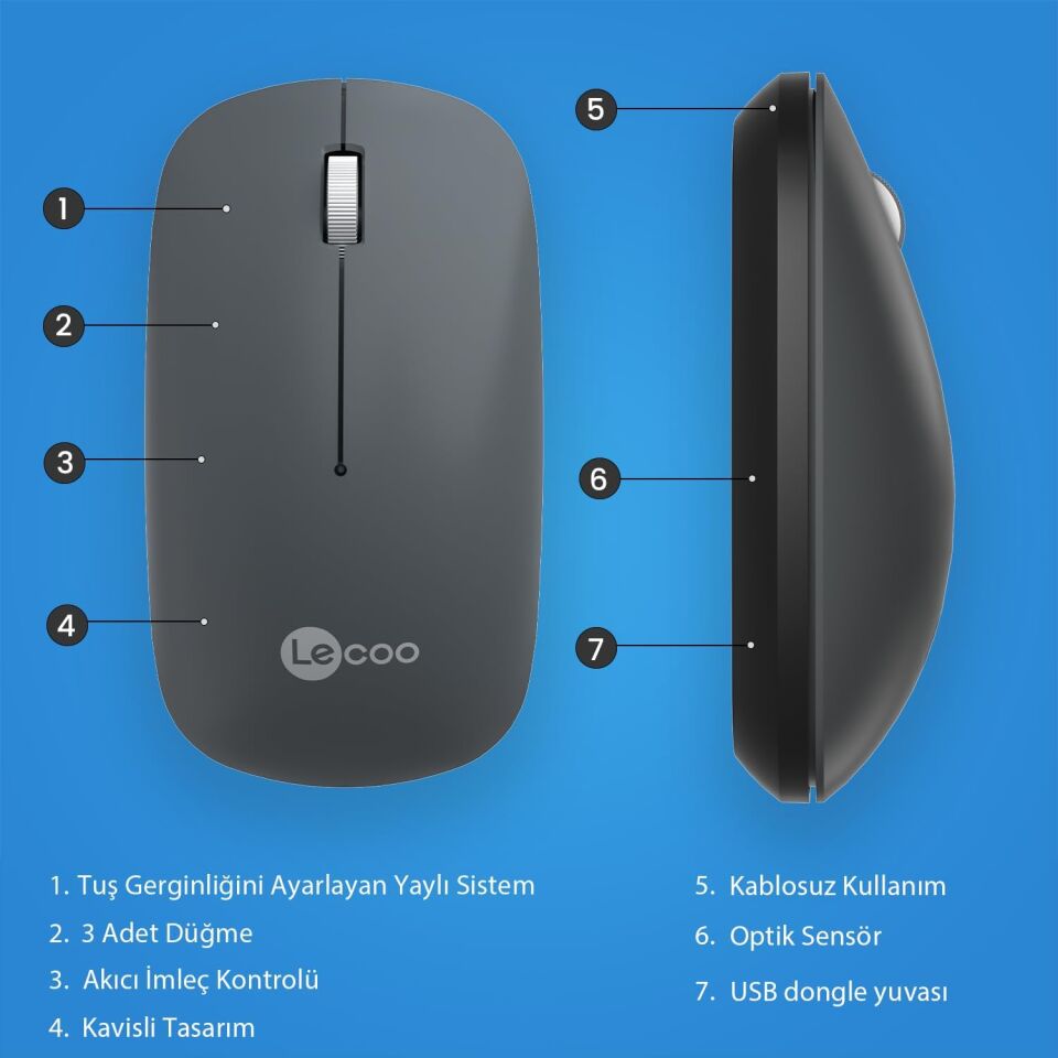 Lecoo Ws214 Gri Sessiz Kablosuz Mouse