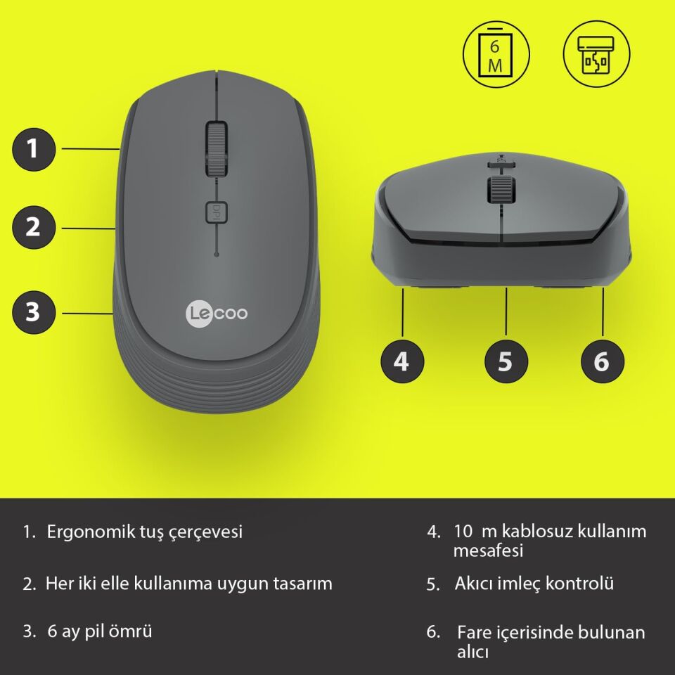 Lecoo Ws202 Gri Usb Kablosuz Mouse