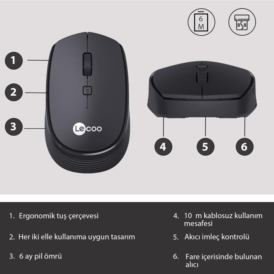 Lecoo Ws202 Siyah Usb Kablosuz Mouse