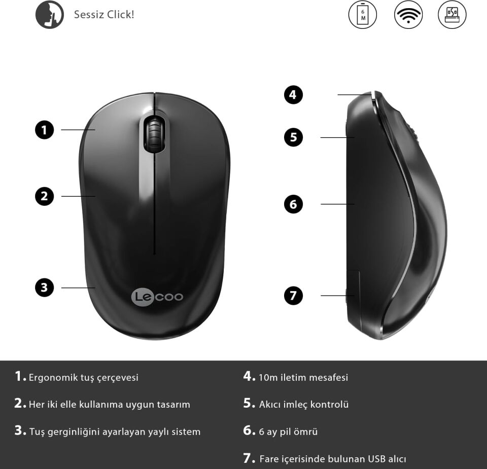 Lecoo Ws206 Kablosuz 1200DPI 3 Tuşlu Optik Mouse Siyah