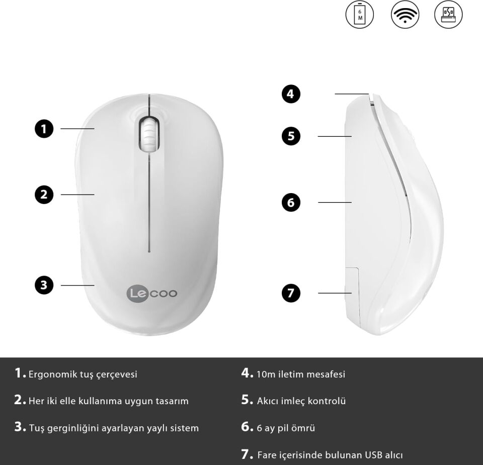 Lecoo Ws206 Kablosuz 1200DPI 3 Tuşlu Optik Mouse Beyaz