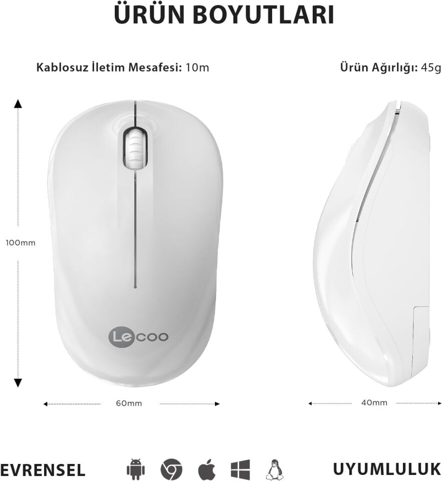 Lecoo Ws206 Kablosuz 1200DPI 3 Tuşlu Optik Mouse Beyaz