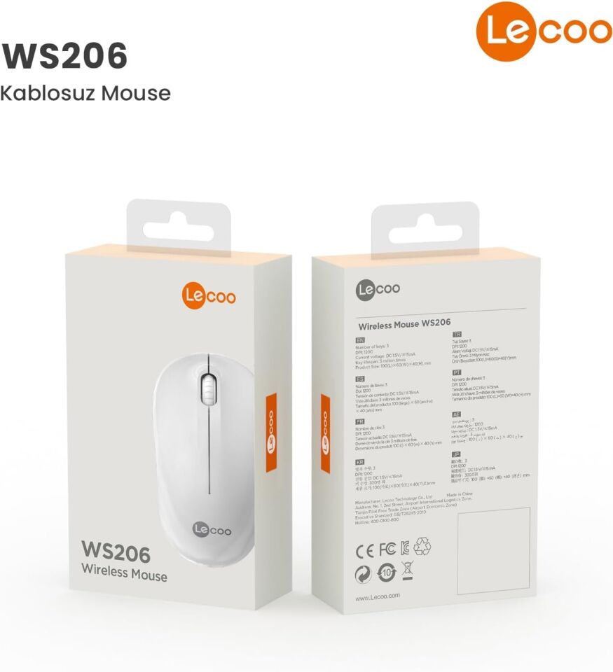 Lecoo Ws206 Kablosuz 1200DPI 3 Tuşlu Optik Mouse Beyaz