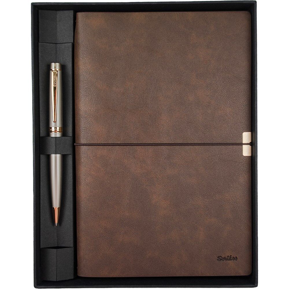 Scrikss Premium Defter Toledo A5 Kahverengi 38 Tükenmez Saten Altn Set