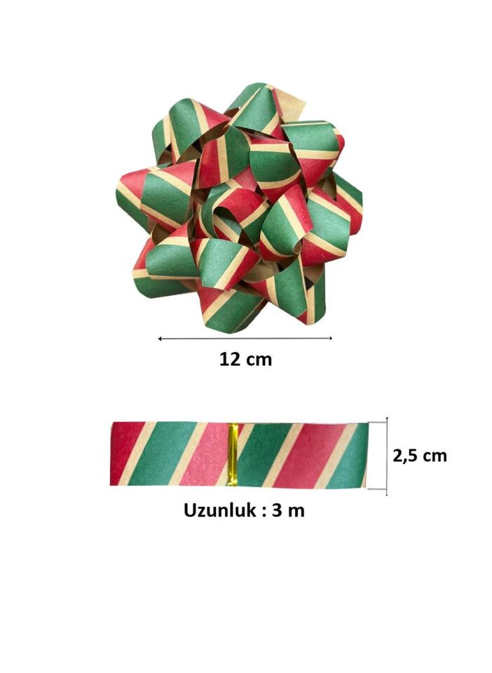 Astaş Hediye Paketi Süsü Rafya Yildiz Set Kraft Kirmizi Yesil Cizgili 25 Mm x 3 M