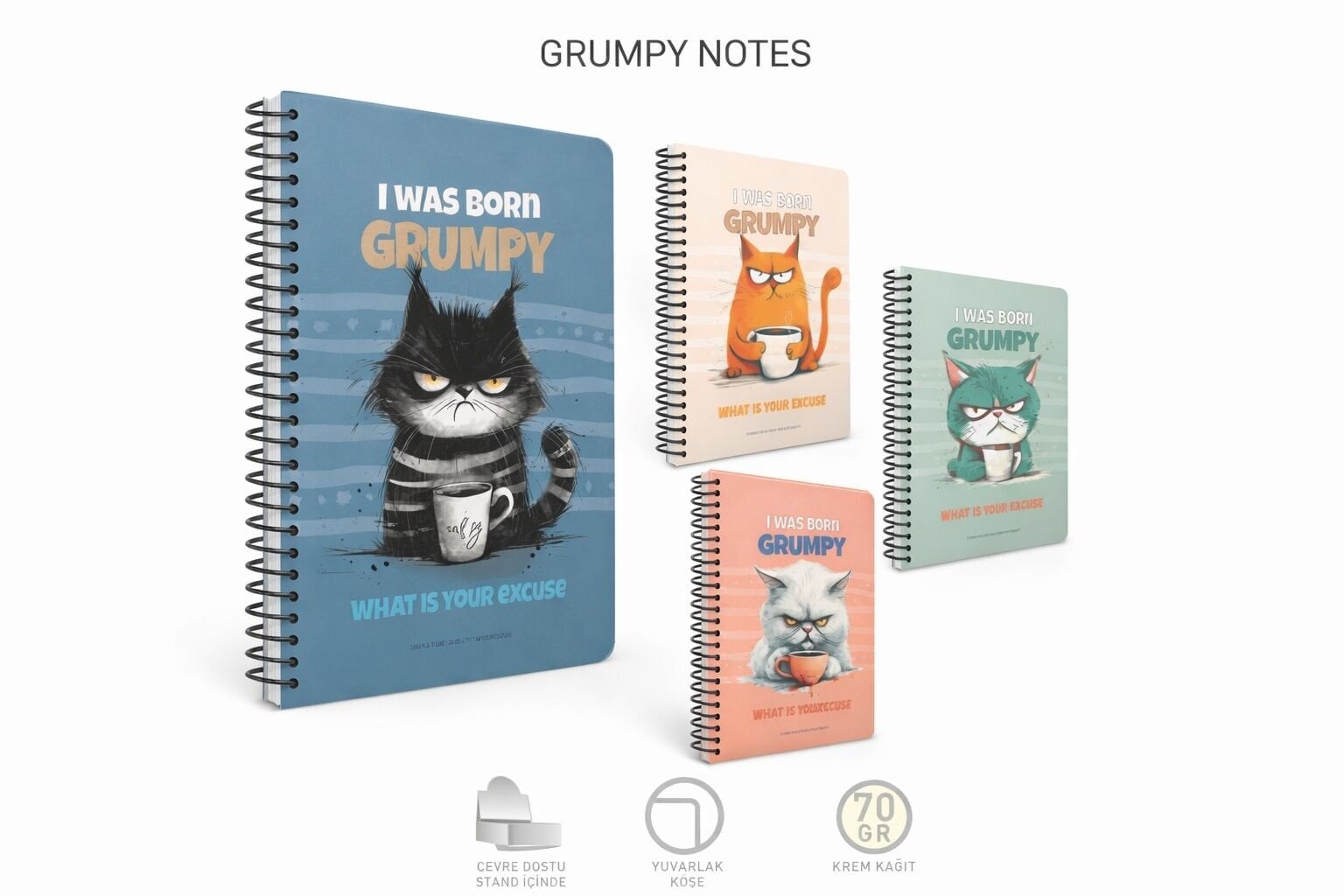 Gıpta Grumpy Notes Spiralli Pressboard Defter A4 80 Yaprak Kareli