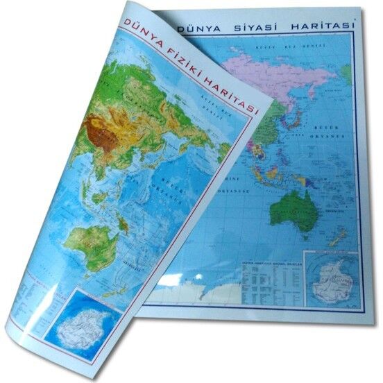 Gürbüz Dünya Fiziki Siyasi Harita 35x50 Çift Taraflı