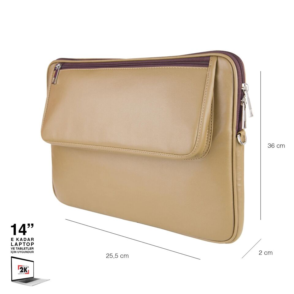 2k Suni Deri Laptop Çantası Tablet Çantası 14'' Vegan Omuz Ve Valiz Askılı Aksesuar Ve Evrak Cepli 25.5x36x2 Cm Vizon