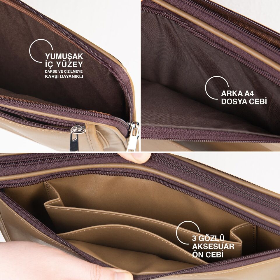 2k Suni Deri Laptop Çantası Tablet Çantası 14'' Vegan Omuz Ve Valiz Askılı Aksesuar Ve Evrak Cepli 25.5x36x2 Cm Vizon