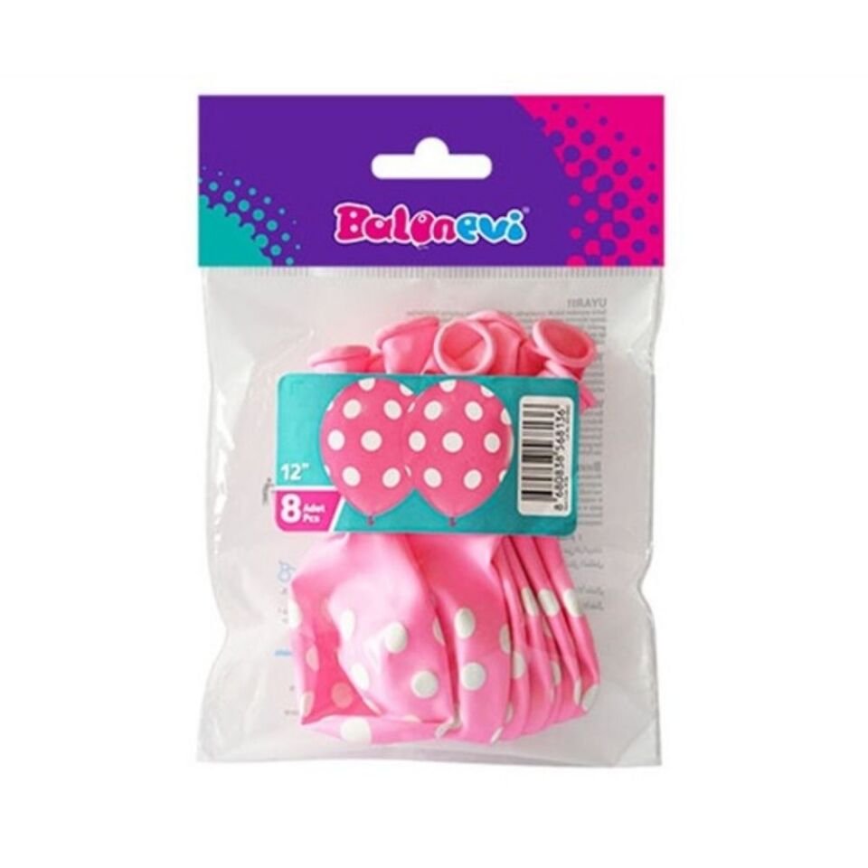 Balon 12'' Çepeçevre Puantiye Baskılı Pembe 8 Li    