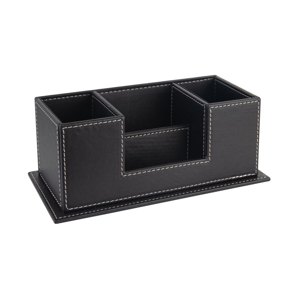 2kMasaüstü Deri Organizer Kalemlik 4 Gözlü Desktop Organizer Rainbow Vegan 10x12x25 Cm Siyah