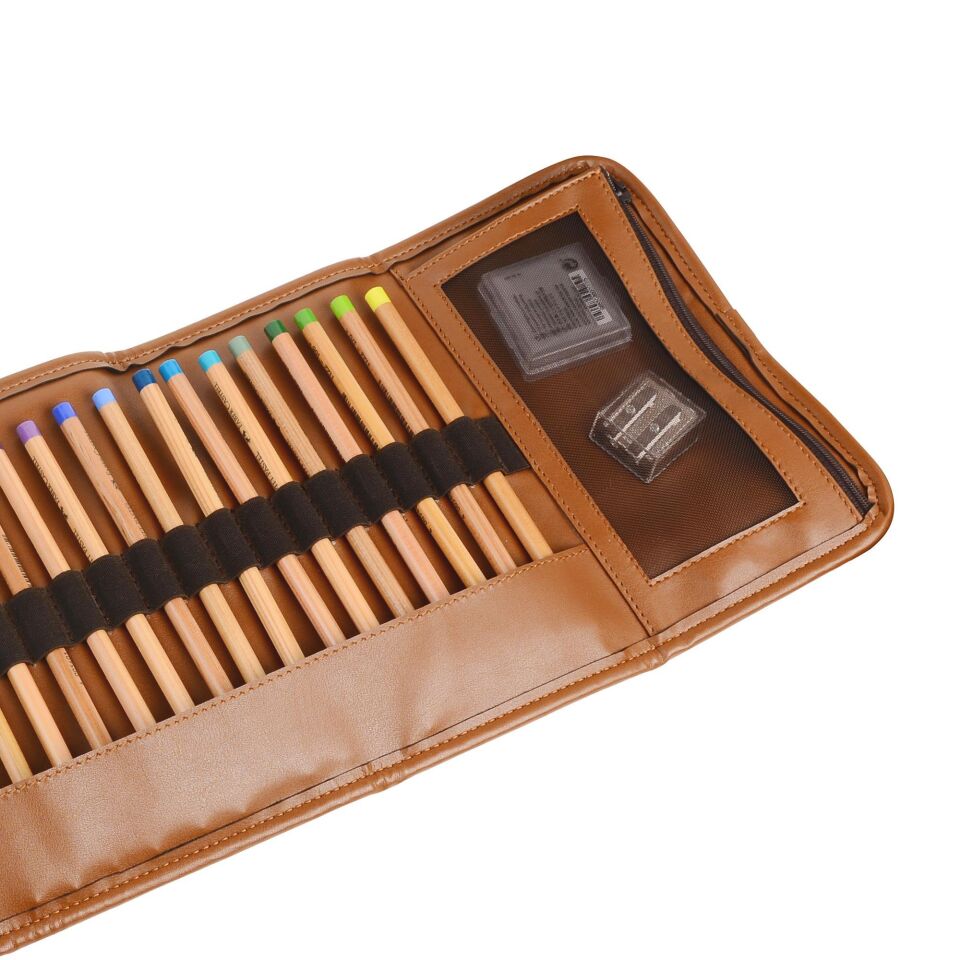 2k Rulo Kalemlik Sanatsal Kalemlik Dereceli Kalem Teknik Çizim Çantası Vegan 24'Lü Çıtçıtlı Açık 21x58 Cm Taba