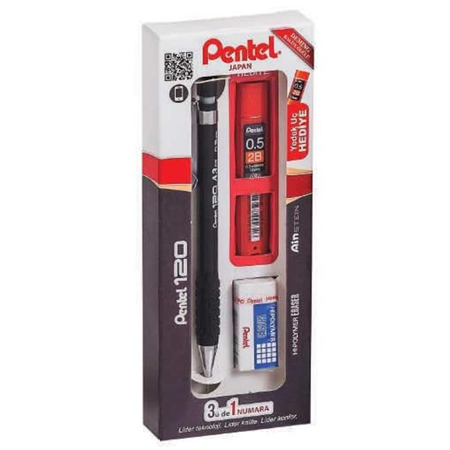 Pentel 120A3 3'Lü Takım Versatil+Silgi+Hediye Min Kutulu Siyah