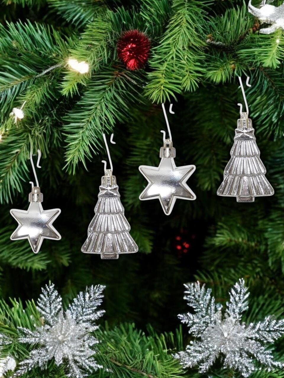 Astaş Yıldız ve Ağaç Yılbaşı Süsü 7 Cm Gümüş 12 Li