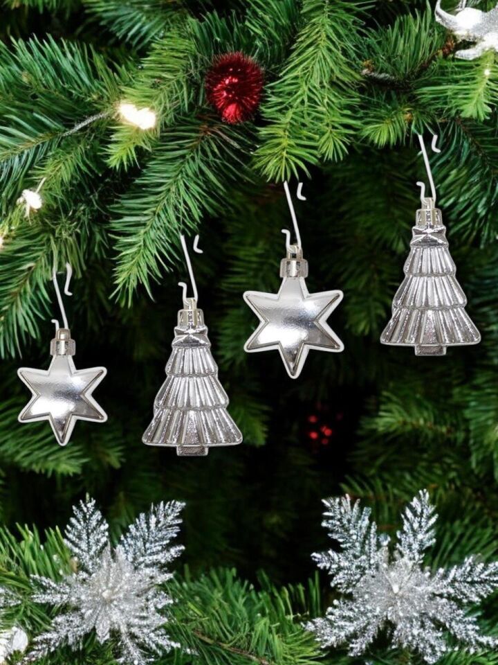 Astaş Yıldız ve Ağaç Yılbaşı Süsü 7 Cm Gümüş 12 Li