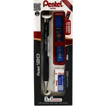 Pentel 120A3 3'Lü Takım Versatil+Silgi+Hediye Min Kutulu Siyah