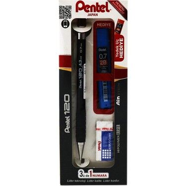 Pentel 120A3 3'Lü Takım Versatil+Silgi+Hediye Min Kutulu Siyah