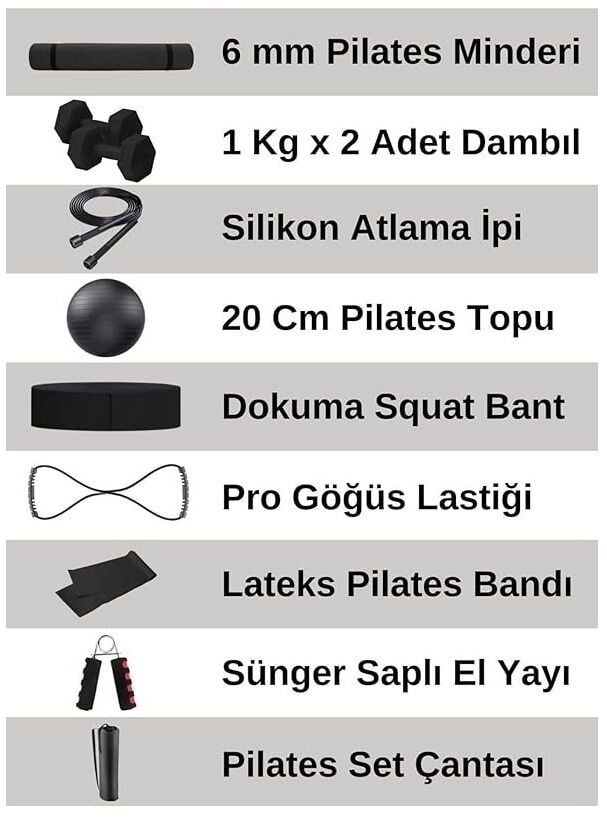 10 Parçalı Pilates ve Fitness Seti – Pilates Minderi, Dambıl, Squat Band