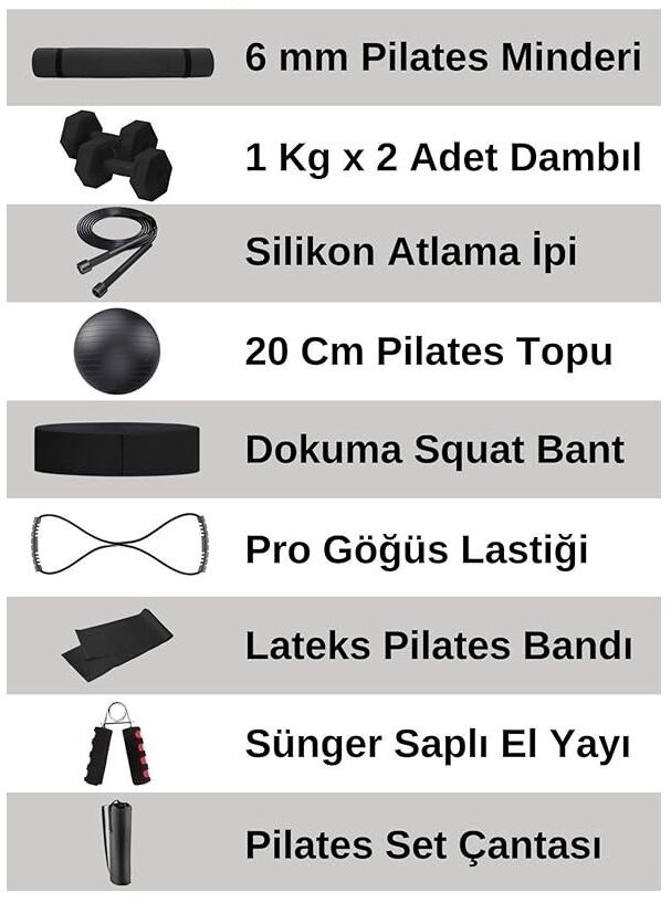 10 Parçalı Pilates ve Fitness Seti – Pilates Minderi, Dambıl, Squat Band