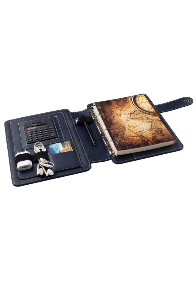 2K Tarihsiz Çizgili 15x21 Cm İç Defterli 4 Halkalı Telefon Kılıflı Kapaklı Deri Organizer Lacivert