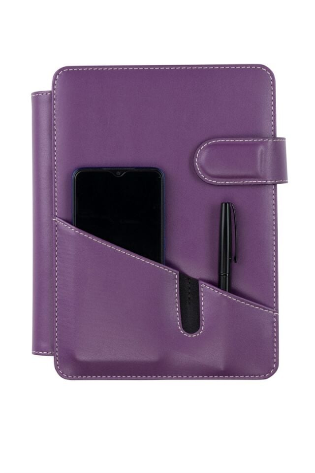 2K Tarihsiz Çizgili 15x21 Cm İç Defterli 4 Halkalı Telefon Kılıflı Kapaklı Deri Organizer Lila