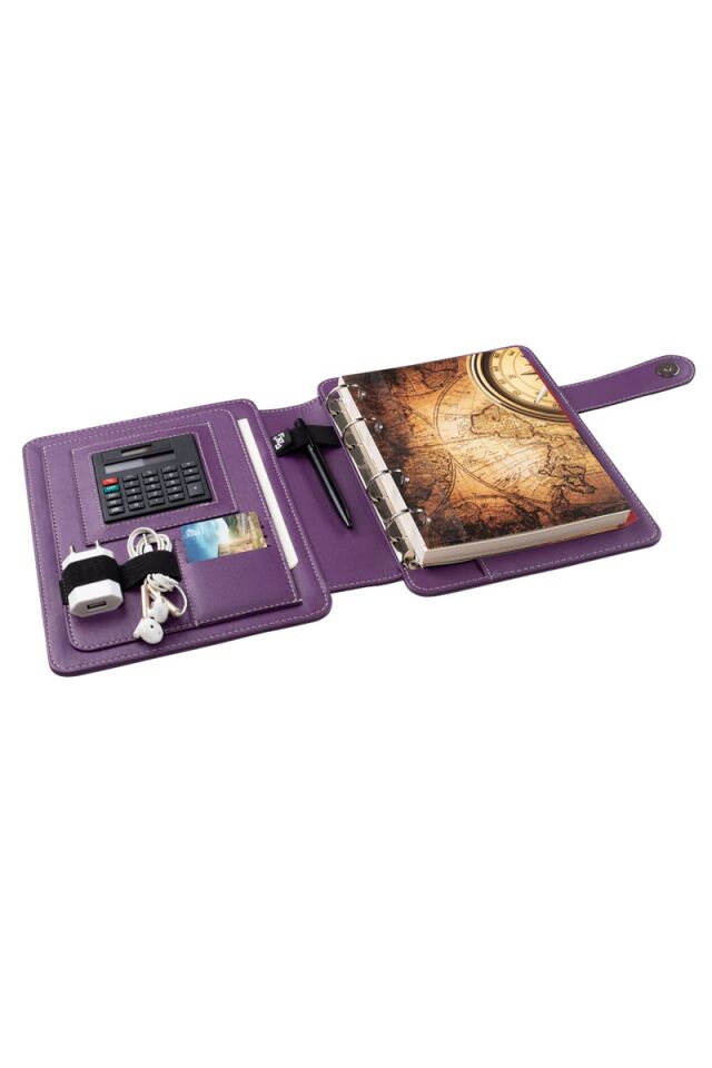 2K Tarihsiz Çizgili 15x21 Cm İç Defterli 4 Halkalı Telefon Kılıflı Kapaklı Deri Organizer Lila