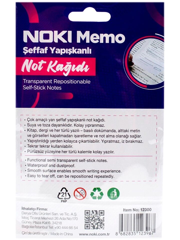 Noki Memo 75x75 Şeffaf Yapışkanlı Not Kağıdı 50 Yaprak