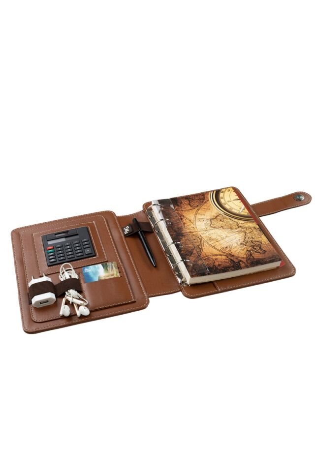 2K Tarihsiz Çizgili 15x21 Cm İç Defterli 4 Halkalı Telefon Kılıflı Kapaklı Deri Organizer Taba