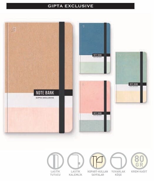 Gıpta Note Bank İp Dikişli Sert Kapak Defter 13x21 96 Yaprak Çizgisiz