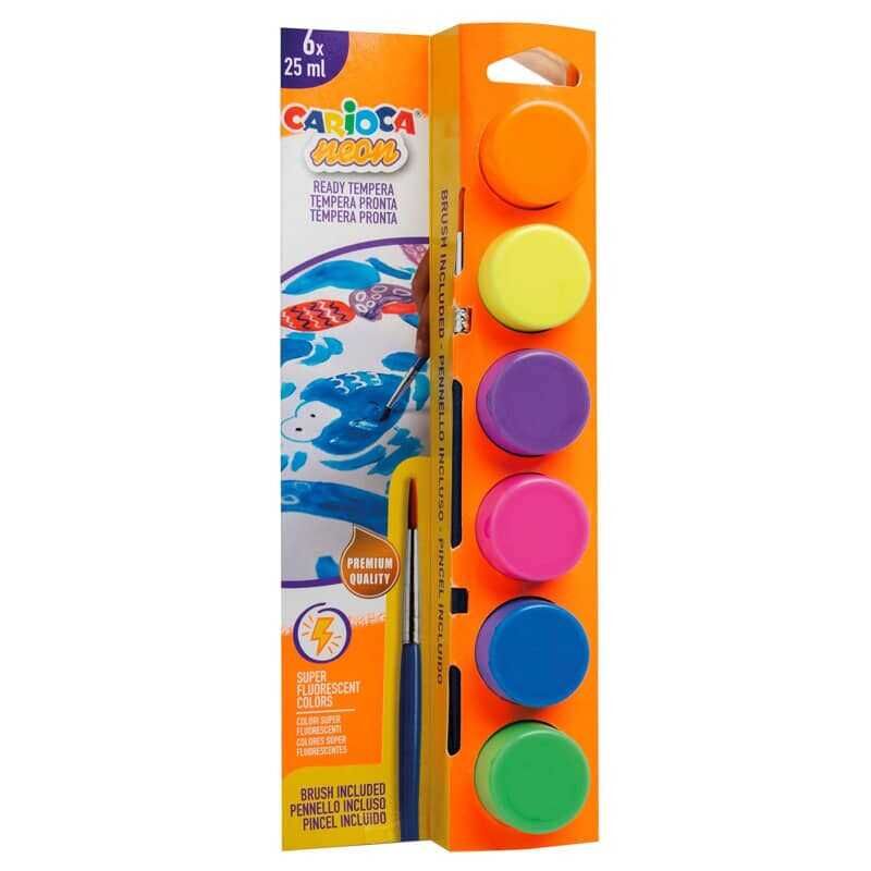 Carioca Fosforlu Tempera Suluboya Süper Yıkanabilir Fırçalı 6x25 Ml 6 Renk