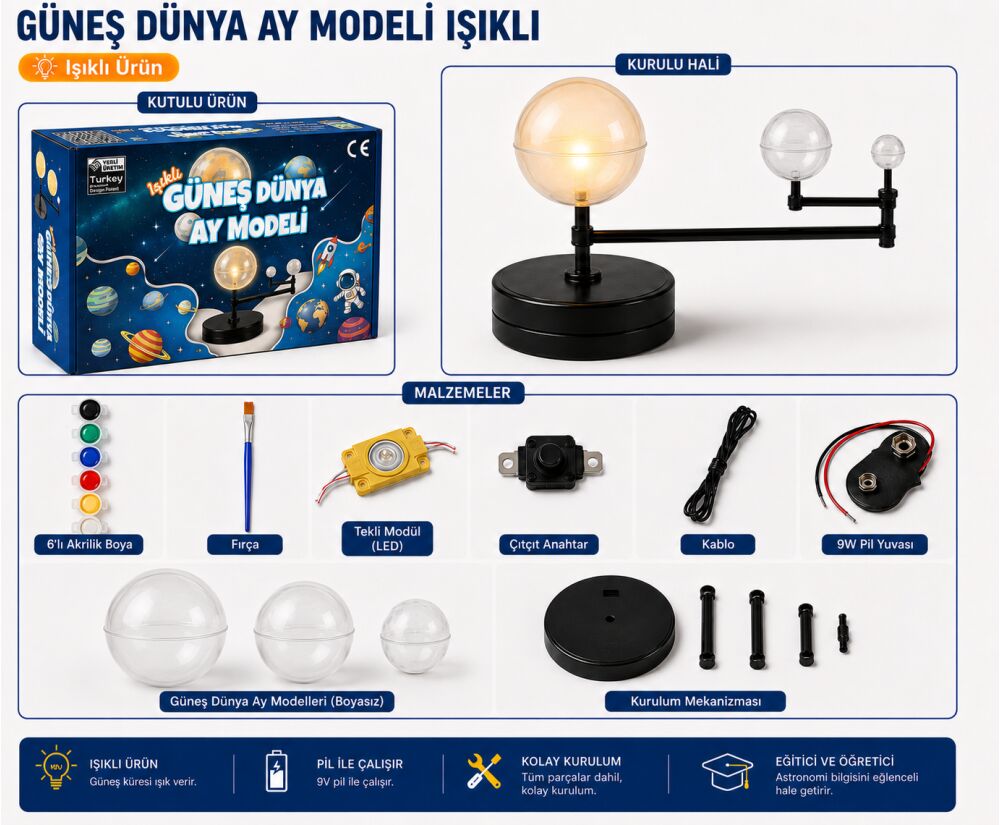 Emin İş Eğitimi Işıklı Güneş Dünya Ay Modeli