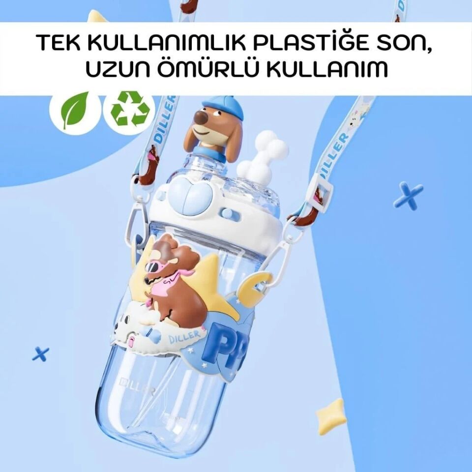 Diller 580 Ml Boyun Askılı Tritan Su  Matara Kemikli Köpek