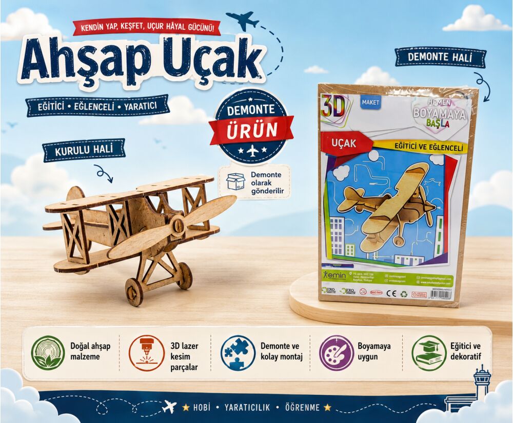 Emin İş Eğitimi 3D Uçak Ahşap Maket