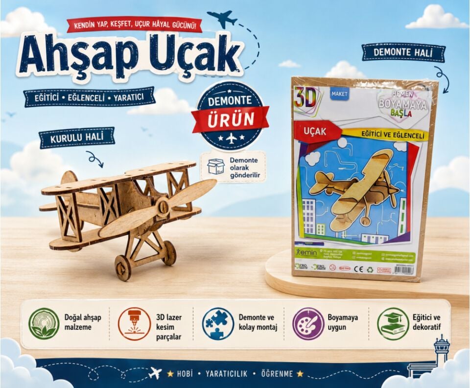 Emin İş Eğitimi 3D Uçak Ahşap Maket