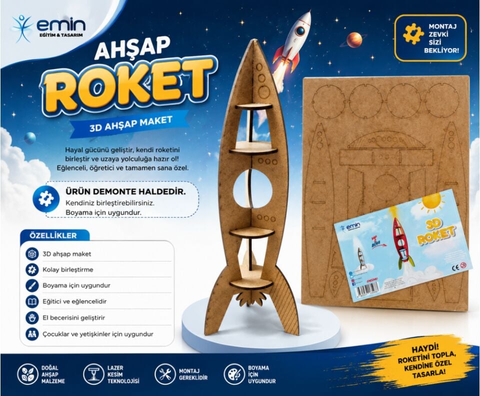 Emin İş Eğitimi 3D Roket Ahşap Maket