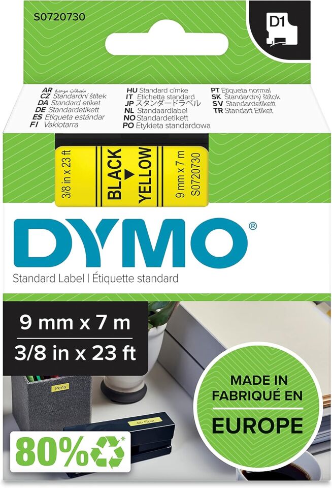 Dymo D1 Yedek Şerit 9 Mm x 7 Mt Sarı / Siyah